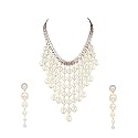 Yellow Chimes Latest Fashion Golden White Crystal Pearls Multilayer Long Pearl Choker Necklace Set with Earrings Jewellery Set for Women &amp; Girls