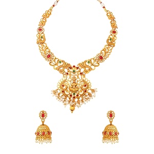 yellow chimes traditional jewellary set for women gold-plated temple necklace set stone-studded necklace set for women amp girls