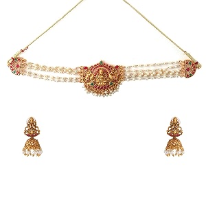 yellow chimes temple jewellery set  gold plated traditional choker necklace  ethnic gold plated choker necklace set for women  birthday anniversary gift for wife