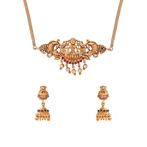 yellow chimes temple jewellery set  gold plated traditional choker necklace  ethnic gold plated choker necklace set for women  birthday anniversary gift for wife