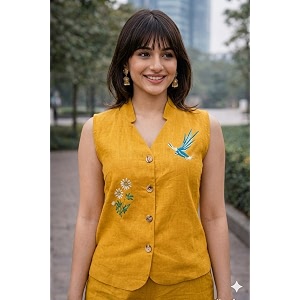 Yellow Embroidered Co-Ord Set Sleeveless Vest with