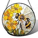 Yellow Flower Bee Stained Glass Window Hanging Decor Gifts for Women 6.3"