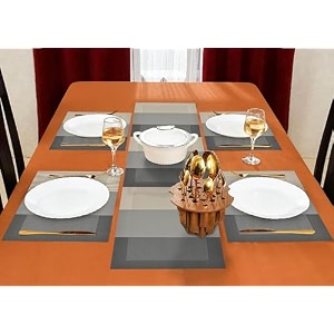 yellow weaves 4 pvc dining table placemats with 1 runner 30 x 135 cm set of 5 - grey border