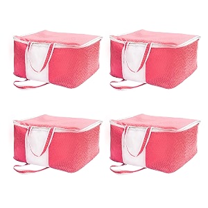 yellow weaves non woven self-embossed design underbed storage organizerblanket cover bag with transparent window and handles for blankets quilts comforters pack of 4 pink color