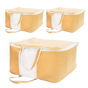 yellow weaves non woven self-embossed design underbed storage organizerblanket cover bag with transparent window and handles for blankets quilts comforters pack of 3 apricot color