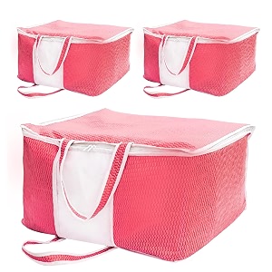 yellow weaves non woven self-embossed design underbed storage organizerblanket cover bag with transparent window and handles for blankets quilts comforters pack of 3 pink color