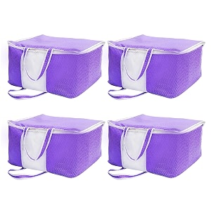 yellow weaves non woven self-embossed dsign underbed storage organizerblanket cover bag with transparent window and handles for blankets quilts comforters pack of 4 purple color