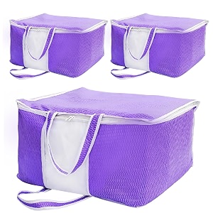 yellow weaves non woven self-embossed design underbed storage organizerblanket cover bag with transparent window and handles for blankets quilts comforters pack of 3 purple color