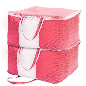yellow weaves non woven self-embossed design underbed storage organizerblanket cover bag with transparent window and handles for blankets quilts comforters pack of 2 pink color