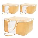 Yellow Weaves Non Woven Self-Embossed Design Underbed Storage Organizer/Blanket Cover Bag with Transparent Window and Handles for Blankets, Quilts, Comforters, Pack of 3, Apricot color