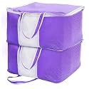 Yellow Weaves Non Woven Self-Embossed Design Underbed Storage Organizer/Blanket Cover Bag with Transparent Window and Handles for Blankets, Quilts, Comforters, Pack of 2, Purple color