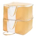 Yellow Weaves Non Woven Self-Embossed Design Underbed Storage Organizer/Blanket Cover Bag with Transparent Window and Handles for Blankets, Quilts, Comforters, Pack of 2, Apricot color