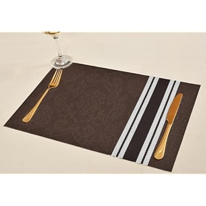 yellow weaves pvc dining table placemats  heat resistant dining table place mats for kitchen coffee center table side party - set of 4 dark brown stripe