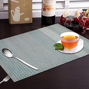 yellow weaves pvc rectangular dining table placemats set of 8 - grey blue