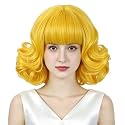 Yellow Wig Short Curly Yellow Bob Wigs with Bangs Synthetic Wigs with Wig Cap for Cosplay Party Costume(Small Size)