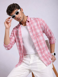 YELLOWDASH Men Checkered Casual Pink Shirt