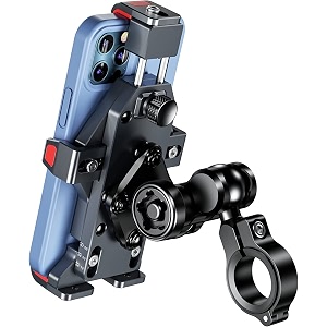 yellowfin aluminium alloy motorcycle phone mount with 360 rotation  vibration dampener  secure anti-theft lock  one-push auto lock for bike scooter handlebar cell phone holder m23-c1