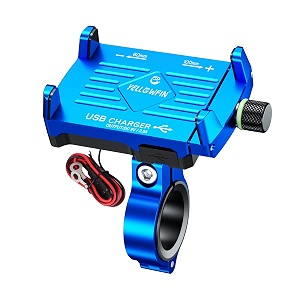 yellowfin claw grip aluminium waterproof bike  motorcycle  scooter mobile phone holder mount with 25a usb charger amp 360 rotation for maps and gps navigation m6 blue