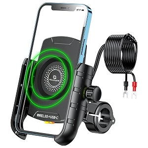 yellowfin jaw grip waterproof bike  motorcycle  scooter mobile phone holder mount with 360 rotation  fast 15 w wireless amp 20 w usb-c charger m9s black