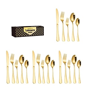 yelona combo set of 20 premium gold daily use cutlery stainless steel luxury dinnerware flatware serving spoon fork knife reusable mirror finish for home kitchen dining table and gifts