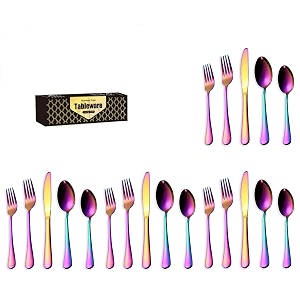 yelona combo set of 20 premium rainbow antique cutlery stainless steel luxury multicolour dinnerware spoon fork knife reusable mirror polished flatware for home kitchen dining table and gift