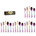 YELONA Combo Set of 20 Premium Rainbow Antique Cutlery Stainless Steel Luxury Multicolour Dinnerware Spoon Fork Knife Reusable Mirror Polished Flatware for Home Kitchen Dining Table and Gift