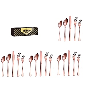 yelona combo set of 20 premium rose gold cutlery stainless steel luxury dinnerware tableware round edge serving spoon fork knife reusable mirror finish for home kitchen dining table and gift