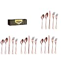 YELONA Combo Set of 20 Premium Rose Gold Cutlery Stainless Steel Luxury Dinnerware Tableware Round Edge Serving Spoon Fork Knife Reusable Mirror Finish for Home Kitchen Dining Table and Gift