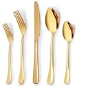 YELONA Combo Set of 5 Premium Gold Daily Use Cutlery Stainless Steel Luxury Dinnerware Flatware Serving Spoon Fork Knife Reusable Mirror Finish for Home Kitchen Dining Table and Gifts
