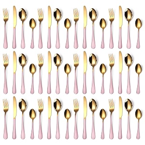yelona combo set of 48 premium gold pink handle daily use cutlery stainless steel luxury dinnerware flatware serving spoon fork knife reusable mirror finish for home kitchen dining table and gifts