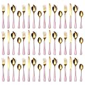 Yelona Combo Set of 48 Premium Gold Pink Handle Daily Use Cutlery Stainless Steel Luxury Dinnerware Flatware Serving Spoon Fork Knife Reusable Mirror Finish for Home Kitchen Dining Table and Gifts