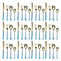 Yelona Combo Set of 48 Premium Gold Green Handle Daily Use Cutlery Stainless Steel Luxury Dinnerware Flatware Serving Spoon Fork Knife Reusable Mirror Finish for Home Kitchen Dining Table and Gifts