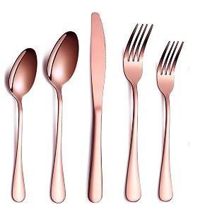yelona combo set of 5 premium rose gold cutlery stainless steel luxury dinnerware tableware round edge serving spoon fork knife reusable mirror finish for home kitchen dining table and gift