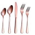 YELONA Combo Set of 5 Premium Rose Gold Cutlery Stainless Steel Luxury Dinnerware Tableware Round Edge Serving Spoon Fork Knife Reusable Mirror Finish for Home Kitchen Dining Table and Gift