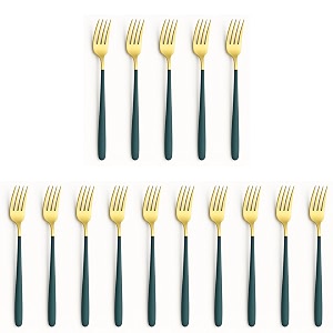 yelona golden lavish food grade stainless steel durable forks for dinner fruit cafe desserts salads appetizers pastry for dining tables flatware amp cutlery sets-set of 15 castleton green handle