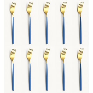 yelona golden lavish food grade stainless steel durable forks for dinner fruit cafe desserts salads appetizers pastry for dining tables flatware amp cutlery sets - set of 10 indigo blue handle