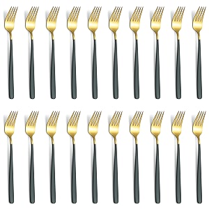 yelona golden lavish food grade stainless steel durable forks for dinner fruit cafe desserts salads appetizers pastry for dining tables flatware amp cutlery sets -set of 20 charcoal black handle
