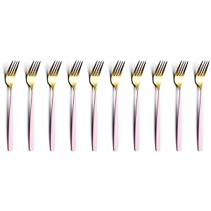 yelona golden lavish food grade stainless steel durable forks for dinner fruit cafe desserts salads appetizers pastry for dining tables flatware amp cutlery sets - set of 10 fucia pink handle