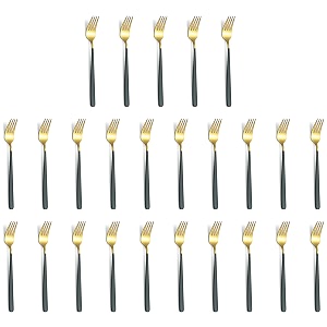 yelona golden lavish food grade stainless steel durable forks for dinner fruit cafe desserts salads appetizers pastry for dining tables flatware amp cutlery sets -set of 25 charcoal black handle