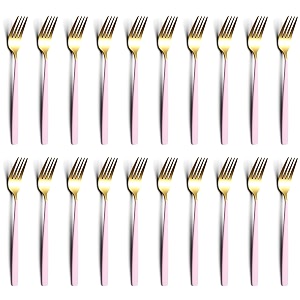yelona golden lavish food grade stainless steel durable forks for dinner fruit cafe desserts salads appetizers pastry for dining tables flatware amp cutlery sets - set of 20 fucia pink handle