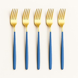 yelona golden lavish food grade stainless steel durable forks for dinner fruit cafe desserts salads appetizers pastry for dining tables flatware amp cutlery sets - set of 5 indigo blue handle