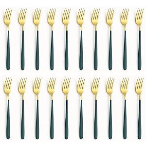 yelona golden lavish food grade stainless steel durable forks for dinner fruit cafe desserts salads appetizers pastry for dining tables flatware amp cutlery sets-set of 20 castleton green handle