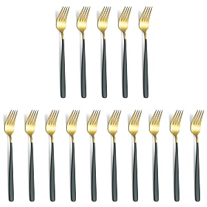yelona golden lavish food grade stainless steel durable forks for dinner fruit cafe desserts salads appetizers pastry for dining tables flatware amp cutlery sets -set of 15 charcoal black handle