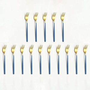 yelona golden lavish food grade stainless steel durable forks for dinner fruit cafe desserts salads appetizers pastry for dining tables flatware amp cutlery sets - set of 15 indigo blue handle