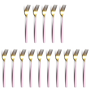 yelona golden lavish food grade stainless steel durable forks for dinner fruit cafe desserts salads appetizers pastry for dining tables flatware amp cutlery sets - set of 15 fucia pink handle