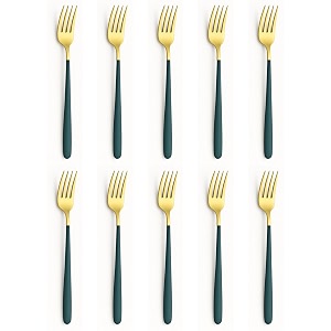 yelona golden lavish food grade stainless steel durable forks for dinner fruit cafe desserts salads appetizers pastry for dining tables flatware amp cutlery sets-set of 10 castleton green handle