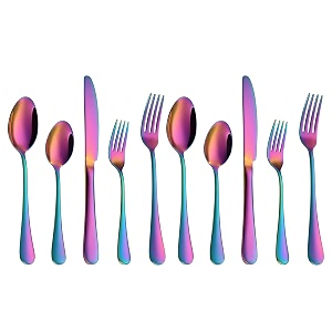 yelona set of 10 premium rainbow daily use cutlery stainless steel luxury dinnerware flatware serving dinner spoon fork knife reusable mirror finish for home kitchen dining table and gifts