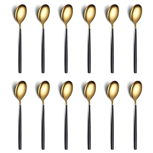 yelona set of 12 titanium gold plated stainless steel espresso spoons with black handle - teaspoons set for coffee sugar dessert cake ice cream soup antipasto cappuccino - flatware amp cutlery