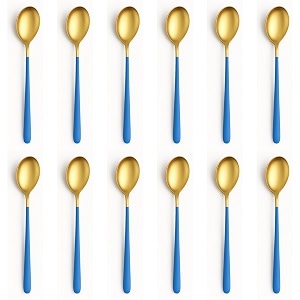 yelona set of 12 titanium gold plated stainless steel espresso spoons with blue handle - teaspoons set for coffee sugar dessert cake ice cream soup antipasto cappuccino - flatware amp cutlery