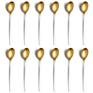 yelona set of 12 titanium gold plated stainless steel espresso spoons with white handle - teaspoons set for coffee sugar dessert cake ice cream soup antipasto cappuccino - flatware amp cutlery